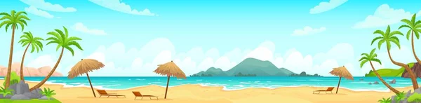 Denní plážová krajina. Písečné pláže s tropickými palmami. Slunečný den, na krásný západ slunce, východ slunce a v noci kreslené vektorové ilustrace — Stockový vektor