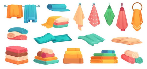 Fabric bath towels. Colorful clean bathtub towel, soft textile and stack of towels cartoon vector set