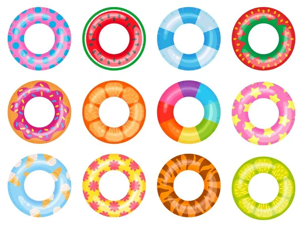 Rubber swimming ring. Pink lifesaver, summer swimming pool floating rings. Rainbow rescue ring top view cartoon vector illustration set — Stock Vector