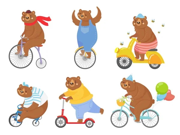 Urso de desenho animado. Ursos em crianças triciclo, monociclo e bicicleta retro. Bicicleta de equitação animal, bicicletas e conjunto de ilustrações vetoriais de scooter — Vetor de Stock