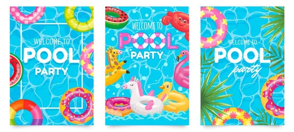 Pool party poster. Welcome to pool party flyer with swimming pool, floating rings and tropical leaves vector set — Stock Vector
