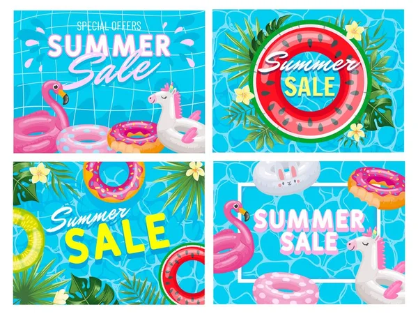 Banner de venda de verão. Verão piscina lidar folheto, flamingo rosa fantasia e melancia anel flutuante oferta especial vetor ilustração conjunto — Vetor de Stock