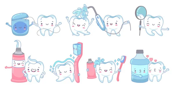 Cuidado dental de dibujos animados. Limpieza de dientes con pasta de dientes y cepillo de dientes. chorro de agua dental, hilo dental y enjuague bucal con diente mascota vector ilustración conjunto — Vector de stock