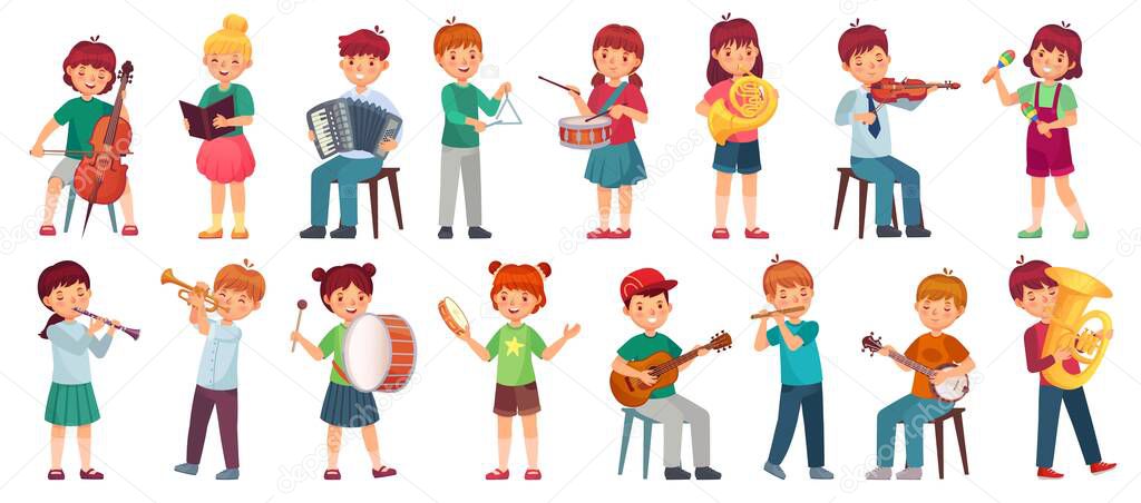 Children orchestra play music. Child playing ukulele guitar, girl sing song and play drum. Kids musicians with music instruments vector illustration set