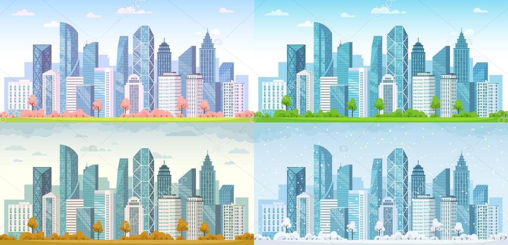 Urban city seasons. Spring town, summer, autumn urban panorama and cold winter cityscape vector background illustration set
