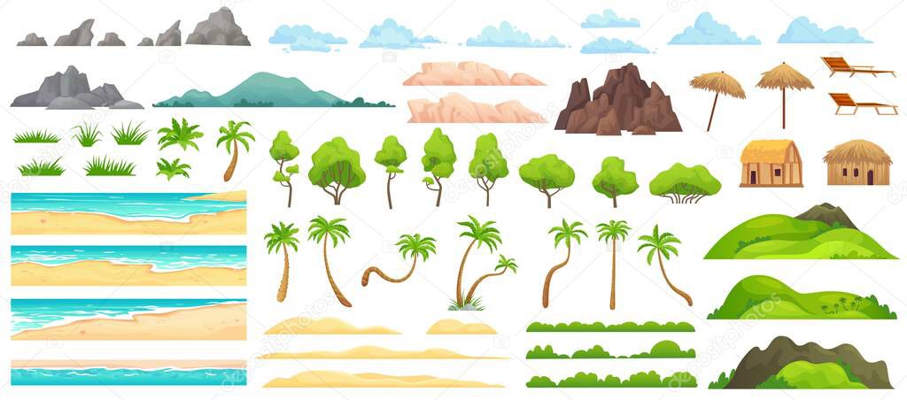 Beach landscape constructor. Sandy beaches, tropical palms, mountains and hills. Ocean horizon, clouds and green trees cartoon vector illustration set