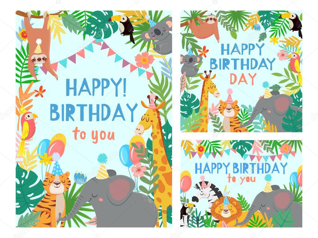 Cartoon happy birthday animals card. Congratulations cards with cute safari or jungle animals party in tropical forest vector illustration set
