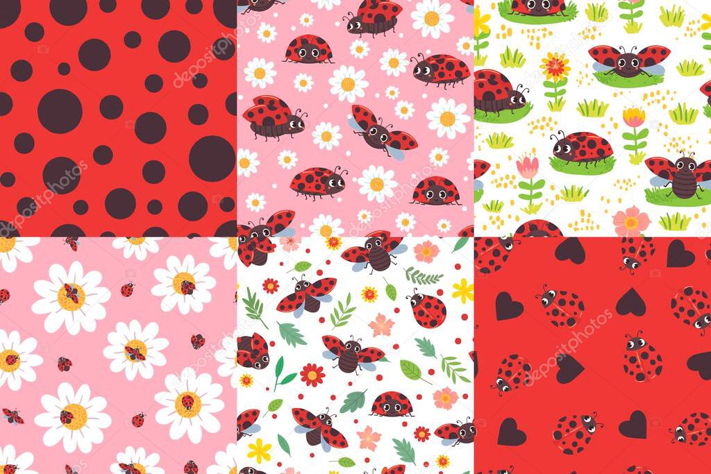 Cartoon ladybug seamless pattern. Ladybird texture, ladybugs in flowers and cute red bug vector illustration set