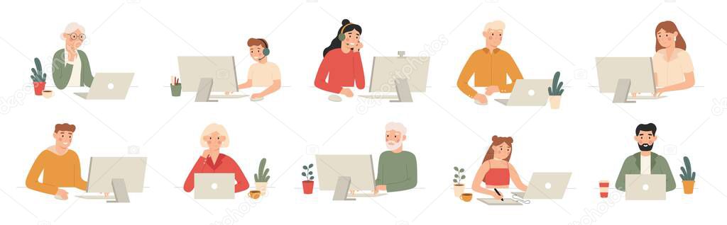 People work with computers. Students work with laptop and computer, office workers and seniors with laptops cartoon vector set