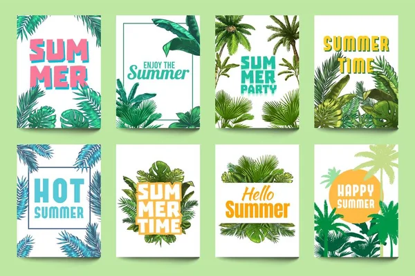 Affiche d'été abstraite. Profitez de l'été, invitation de fête et bonjour art flyer d'été avec feuilles de palmier tropicale et feuilles de monstère ensemble vecteur — Image vectorielle