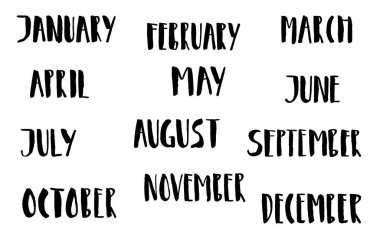 Aylık adı. Bir dizi el yazması yazı. Modern hat sanatı. Beyazda izole edilmiş