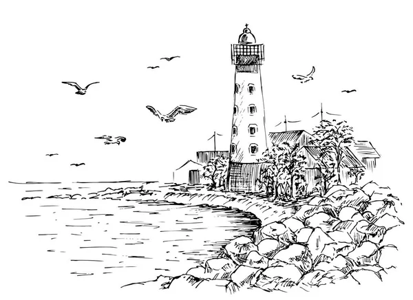 Landscape sketch of the lighthouse and the sea. — Stock Vector