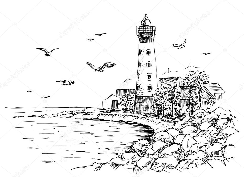 Landscape sketch of the lighthouse and the sea.