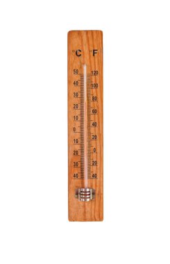 Celsius ve fahrenheit derece ölçekli, kırpma yolu ile beyaz arka plan üzerinde izole ahşap taban üzerinde termometre.