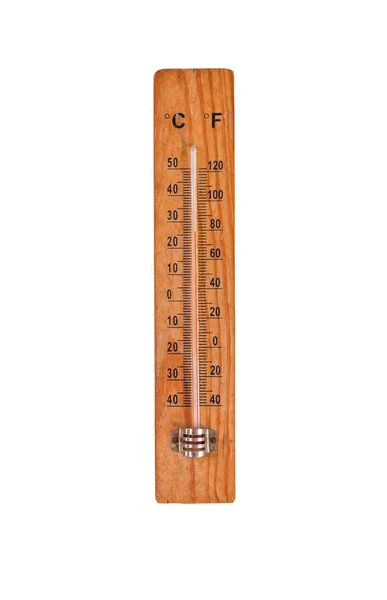 Thermometer Wooden Base Celsius Fahrenheit Degrees Scale Isolated White Background — Stock Photo, Image