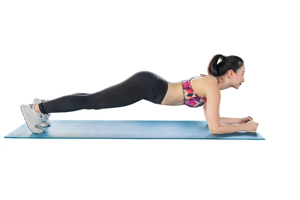 Asian Girls Planking Exercise Yoga Mat Isolated White Background Clipping — Stock Photo, Image