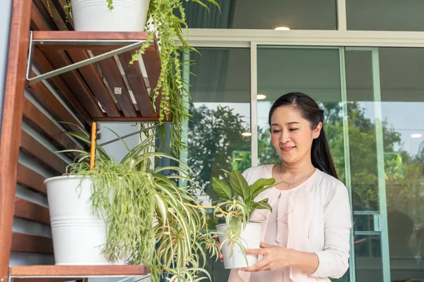 Middle Aged Asian Woman Holding Plant Pot Arrange Backyard Royalty Free Stock Photos