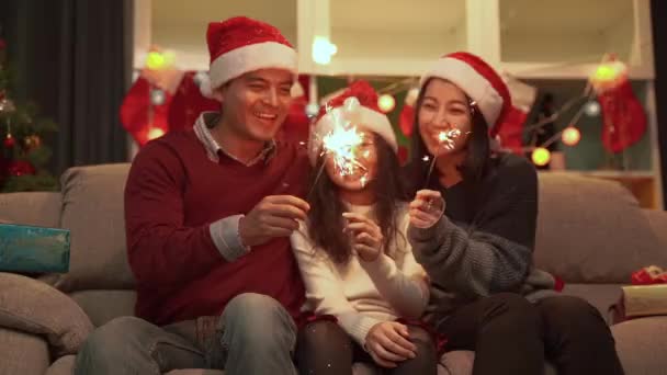 크리스마스 아버지와 즐거운 불꽃놀이를 가족들의 모습을 슬로우 비디오 — 비디오