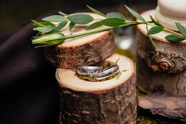 Anéis de casamento em decorações de madeira — Fotografia de Stock