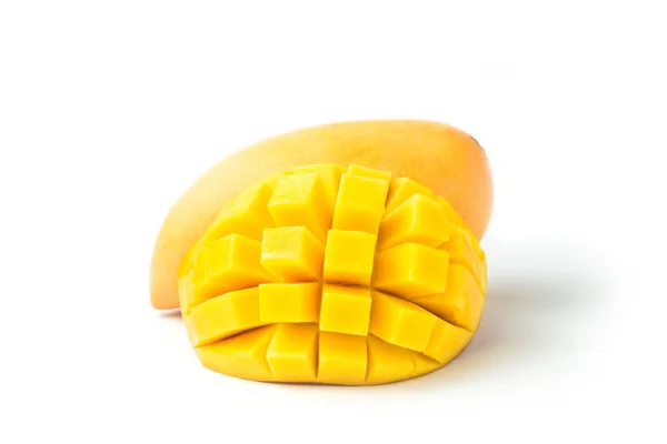 Mango Frukt Med Kuber Och Skivor Isolerad Vit Bakgrund Och — Stockfoto