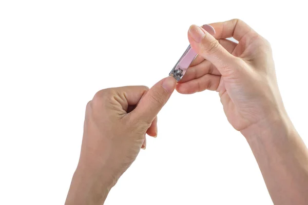 Die Weibliche Hand Benutzt Eine Nagelschere Reinigen Sie Ihre Daumenfinger — Stockfoto