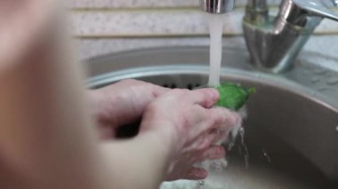 Mutfakta taze salatalık yıkayan ve durulayan kız.