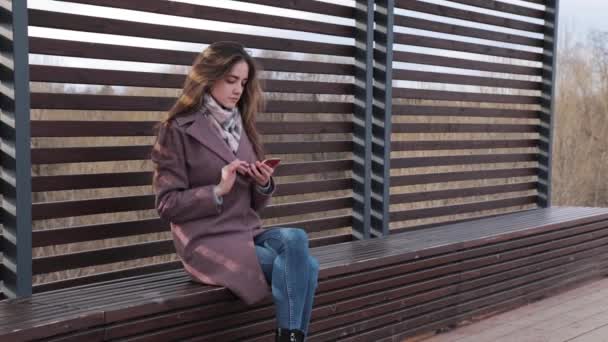 Young girl looks for something in her phone and gets upset, in the park — Stock Video