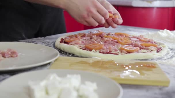 As mãos do homem põem tomates e queijo na massa de farinha de pizza com a carne — Vídeo de Stock