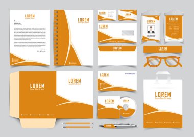 Corporate Business golden branding stationery Identity template design, trendy stationery set with wave style element of decorative. Modern abstract business card, letterhead, id card, paper bag, folder design vector eps. clipart