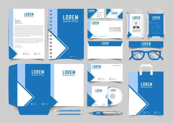 Kantoorbenodigdheden Corporate Brand Identity Mockup Set Met Blauw Wit Abstract — Stockvector