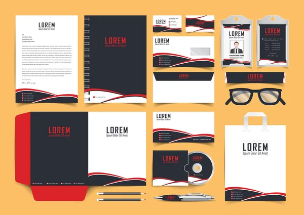 Corporate Premium Rood Zwart Briefpapier Merk Identiteit Ontwerp Stationery Mockup — Stockvector