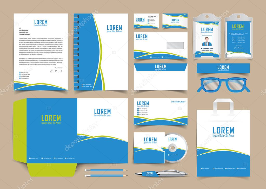 Corporate Business blue branding stationery Identity template design, trendy stationery set with wave style element of decorative. Modern abstract business card, letterhead, id card, paper bag, folder design vector eps.