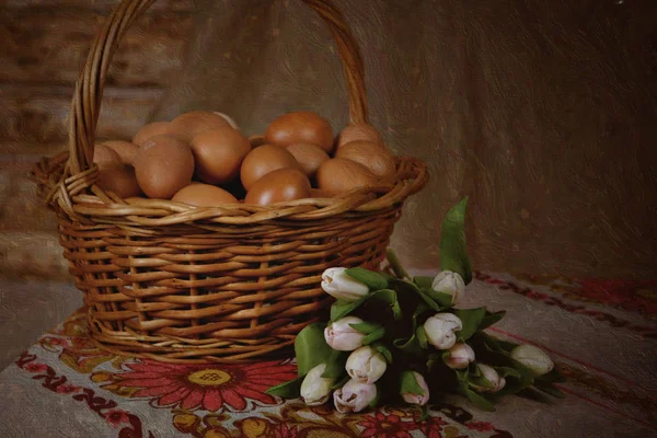 Basket Full Chicken Eggs — Stock Photo, Image