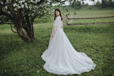 Dağlarda bahar düğünü. Beyaz elbiseli genç bir kız dağlarda çiçek açan bir ağacın yanında duruyor.