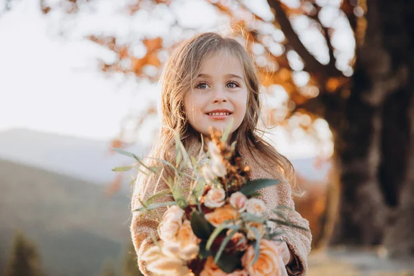 Portrait Small Stylish Beautiful Model Girl Who Stands Autumn Mountains Royalty Free Stock Photos