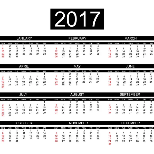 2017 Kalender englischen Stil einfach schwarz — Stockvektor