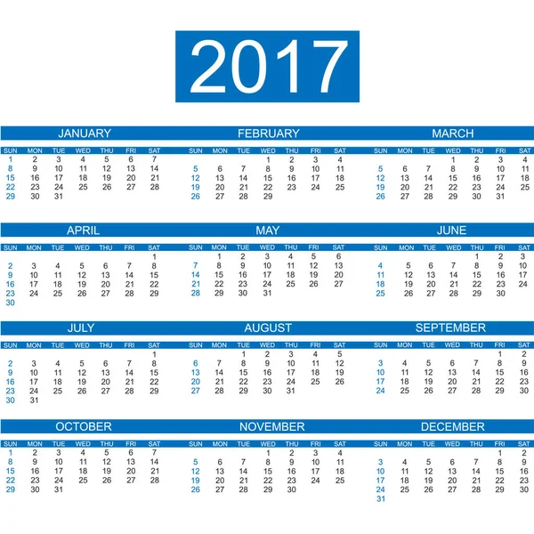 2017 CALENDAR SIMPLE DE ESTILO INGLÊS AZUL — Vetor de Stock