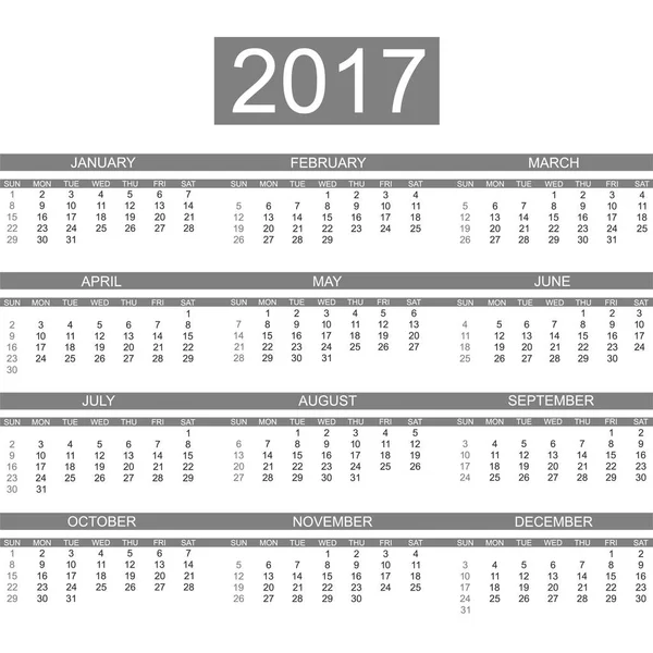 2017 CALENDAR INGLÊS ESTILO SIMPLE DARK GRAY — Vetor de Stock