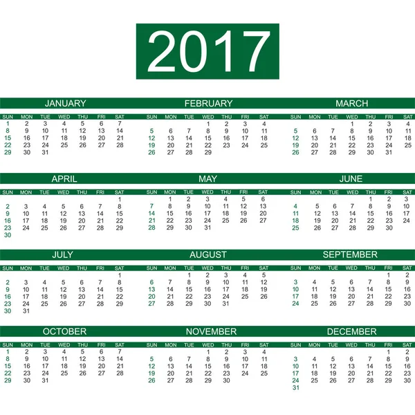 2017 kalender engelska stil enkel mörkgrön — Stock vektor