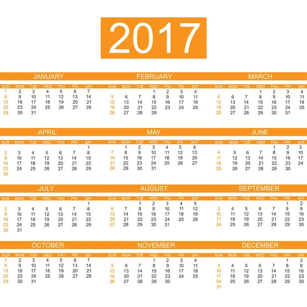 2017 CALENDARIO ESTILO INGLÉS SIMPLE NARANJA — Vector de stock