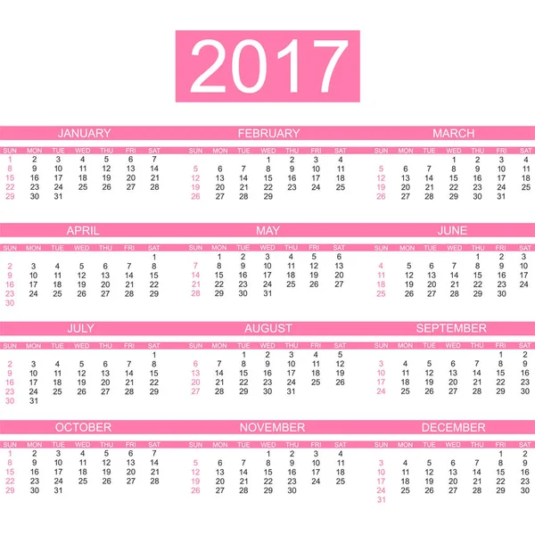 2017 kalender engelska stil enkel rosa — Stock vektor