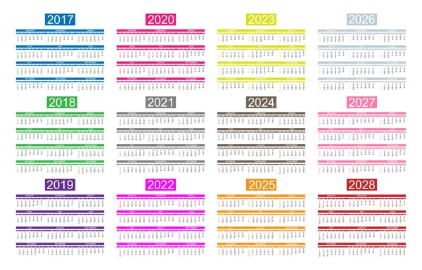 Engelse kalender voor het jaar 2017-2028 Mega collectie twaalf jaar kalenders — Stockvector