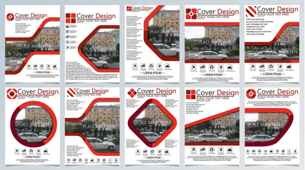 Recolha de dez modelos de brochura para republicações anuais relacionadas com a tecnologia, desenho vetorial a4 layout com espaço para texto e fotos vermelho — Vetor de Stock
