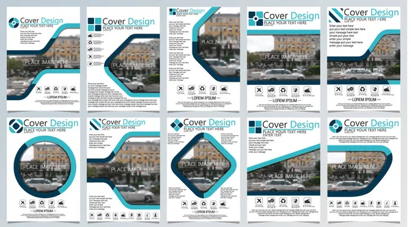 Sammlung von zehn Broschüren Vorlage für jährliche technologiebezogene Umsetzungen, Vektordesign a4 Layout mit Platz für Text und Fotos blau — Stockvektor
