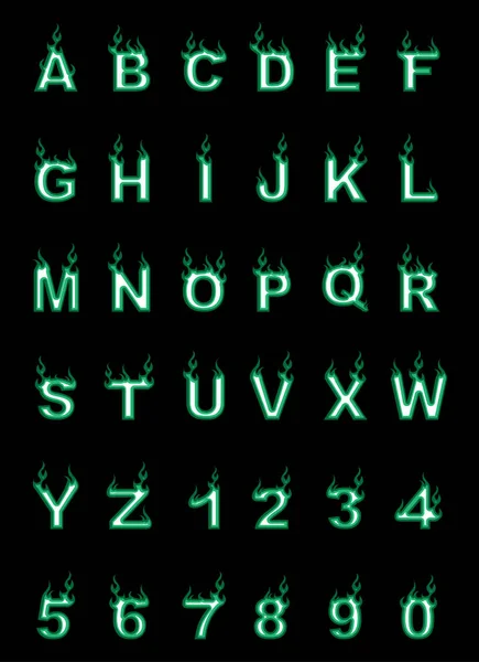 Alphabet feu, style dessin animé, vert simple — Image vectorielle