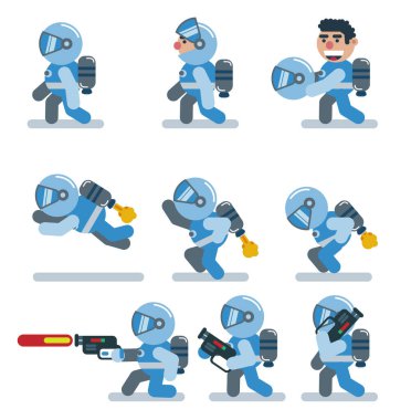 Karakterler astronot, oyun, düz, simge adam, çizgi film