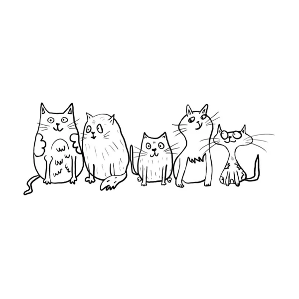 Funny cats sitting together.Black and white illustration — Stock Photo, Image