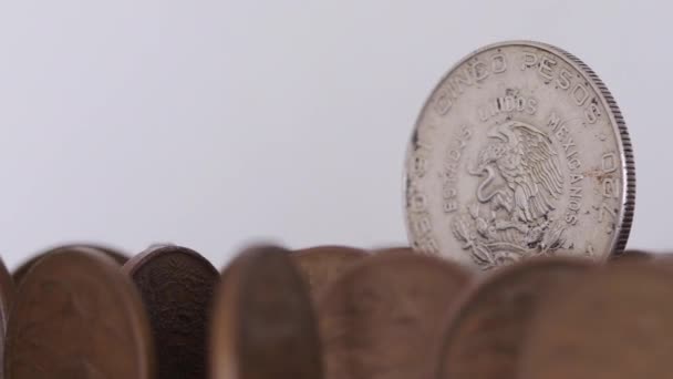 Old Mexican Coin Miguel Hidalgo Spinning Other Old Coins Selective — Stock Video