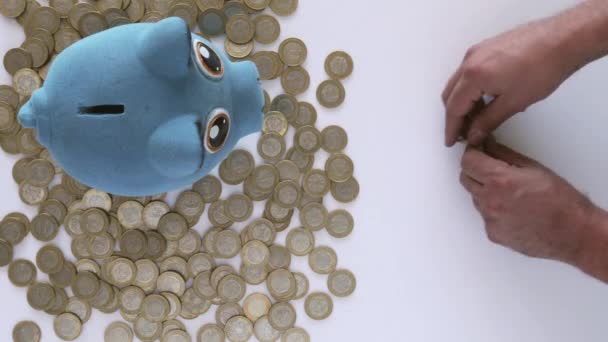 青い貯金箱のトップビュー上メキシコのコインと手の上にそれらの1つを保存白い背景 — ストック動画