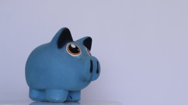 Azul Piggy Banco Sobre Fundo Branco — Vídeo de Stock